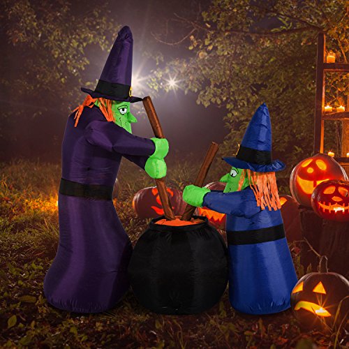 HOMCOM Aufblasbare Hexen Hexenkessel Figur Luftfigur Halloween Deko mit LED Beleuchtung, Polyester, 170x60x180cm