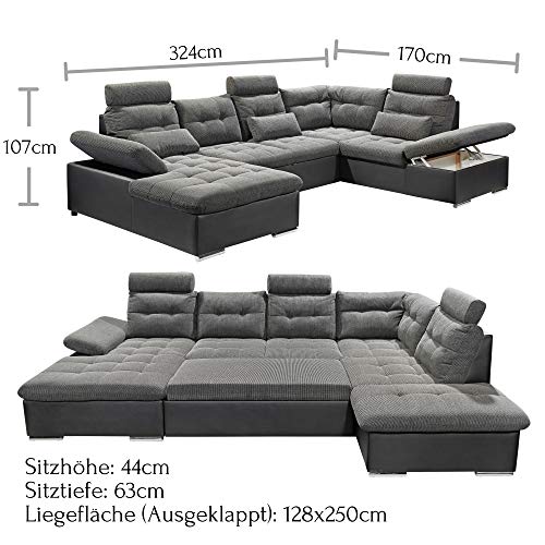 JAKARTA Wohnlandschaft in U-Form, Stoffbezug Schwarz / Lava - Ausziehbares Sofa mit Schlaffunktion & Bettkasten - 324 x 107 x 170 cm (B/H/T) Rechts