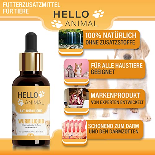 NEU: HelloAnimal® Wurm Liquid vegan für Tiere wie Hunde, Katzen, Kaninchen, & Geflügel - natürliches Mittel aus Kräutern für Magen und Darm bei WURMBEFALL - 50 ML