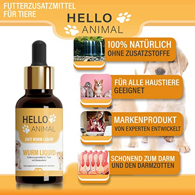 NEU: HelloAnimal® Wurm Liquid vegan für Tiere wie Hunde, Katzen, Kaninchen, & Geflügel - natürliches Mittel aus Kräutern für Magen und Darm bei WURMBEFALL - 50 ML