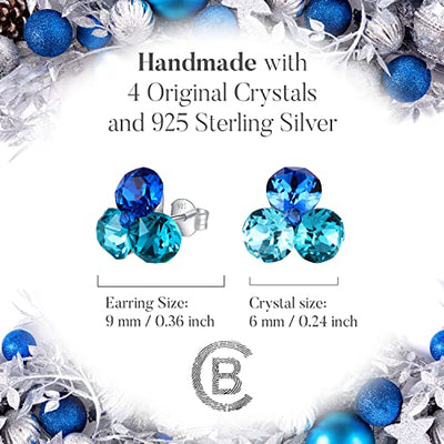 Chic Bijoux Ohrstecker für Frauen - Handgefertigt mit 4 Original Kristallen und 925 Sterling Silber für empfindliche Ohren - Geschenk für Mama, Hypoallergener Schmuck, Blau