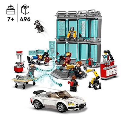 LEGO 76216 Marvel Iron Mans Werkstatt mit Anzügen, Spielzeug zum Bauen, Avengers-Set mit Minifiguren, Geschenk für Kinder ab 7 Jahren