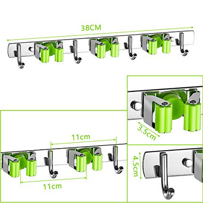 MOOING Besenmopphalter,Gerätehalter Edelstahl,Wandhalterung Besen mit 3 Schlitze und 4 Haken,Werkzeugaufhänger, Organizer für Küche, Badezimmer, Garten, Garage, Zuhause (Grün)