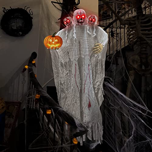 Halloween Hängende Geister Deko - 180 x 110 cm, Grusel Groß DREI Köpfe Skelett Türdeko Außen, Horror Glitzer Haustür Totenkopf Figuren für Garden | Spukhaus | Mottoparty, mit 2 x Haken Selbstklebend