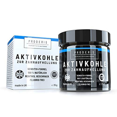 Proderis Kokosnuss Aktivkohle Pulver für weiße Zähne mit frischem Menthol Vegan Activated Charcoal Teeth Whitening Powder Zahnaufhellung Kohle