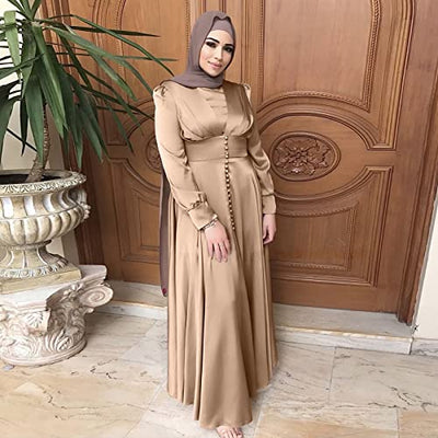 Briskorry Mode Frauen Moslemische Robe Langarm Indische Maxi Abaya Muslim Roben Satin Damen Muslime Kleider Islamische Maxikleid Elegant Lose Einteilige Gebetskleid