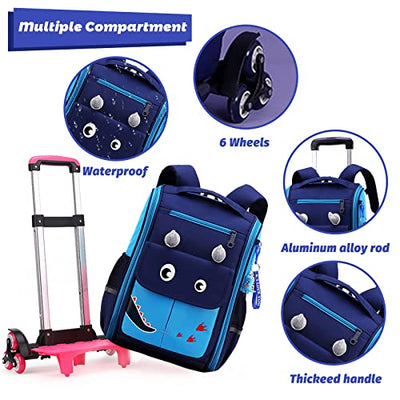 Tanou Trolley Rucksack mit 6 Rollen, 16 Zoll Leichte Schulranzen mit Rollen für Jungen in der Grundschule, Abnehmbare Schulrucksack Trolley für Schulreisen, 1-5 Klasse, Blau