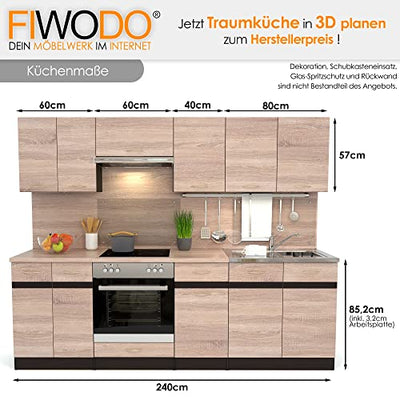 Küchenzeile mit Elektrogeräten - ERWEITERBAR von FIWODO - Küche, Einbauküche in Farbe: Eiche Sonoma, 240cm, mit Spülbecken, Mischbatterie, Herd, Backofen, Abzugshaube, NEUWARE mit GARANTIE