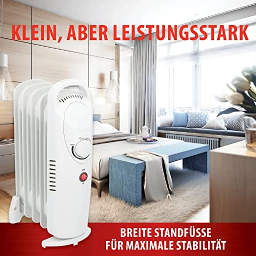 JUNG Heizung Elektrisch mit Thermostat, Ölradiator 500 Watt Energiesparend, mobile Elektroheizung für Räume bis 15qm, Elektrische Heizgerät Mobil mit 5 Lamellen, weiß