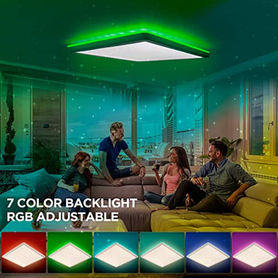 LED Deckenleuchte Sternenhimmel, 24W dimmbare Deckenlampe, 6-farbige Hintergrundbeleuchtung RGB mit Fernbedienung, 3000K-6500K, IP54, ultradünnes quadratisches Panel für Schlafzimmer/Bad/Flur/Küche