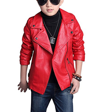 YOUNGSOUL Jungen Mädchen Lederjacke Kinder Kragen Motorrad Bikerjacke aus Kunstleder Frühjahr Herbst Rot 110(3-4 Jahre) / Größe 110