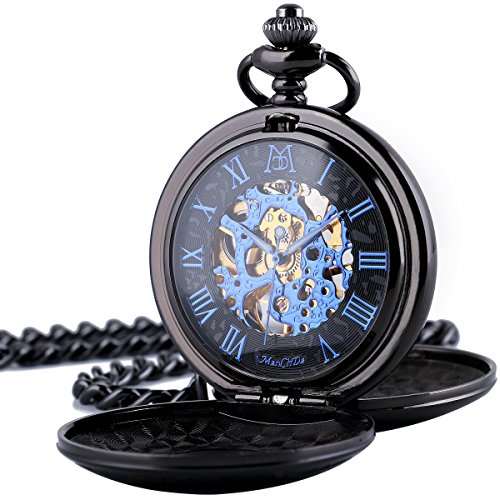 ManChDa® Klassiker Taschenuhr Retro-Zifferblatt mit römischen Ziffern Steampunk Skelett Mechanisch Zarte Bewegung für Männer Frauen mit Kette (Schwarz) + Geschenk-Box