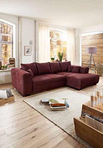 Cavadore Ecksofa Mavericco / XXL Eckcouch Inkl. Rückenkissen und Zierkissen / Longchair rechts / Industrial Style / 285 x 69 x 170 (BxHxT) / Mikrofaser Rot (bordeaux)