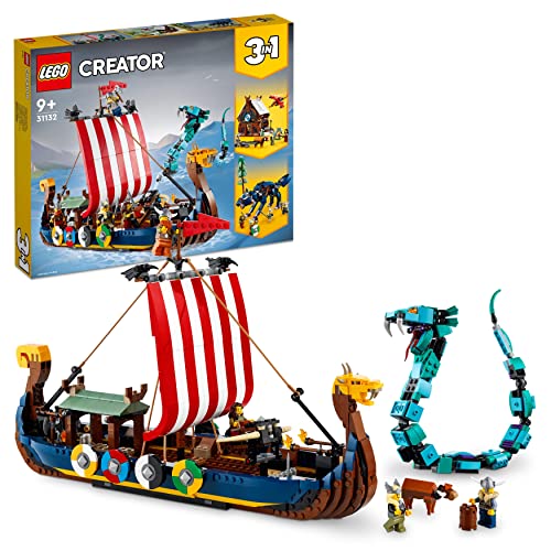 LEGO 31132 Creator 3in1 Wikingerschiff mit Midgardschlange, Set mit Schiff, Haus, Spielzeug-Wolf und Tier-Figuren, Geschenk zu Weihnachten für Kinder