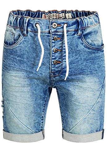 Indicode Herren Piano Sweatshorts mit 5 Taschen aus 82% Baumwolle | Kurze Hose Used-Look Shorts Denim-Optik Short Sweat Pants Washed Destroyed Jeans-Look Freizeithose für Männer Denim Blue L