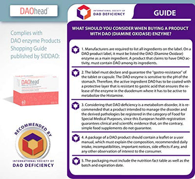 DAOhead - Nahrungsergänzungsmittel - DAO-Mangel - Histamin-Intoleranz - 60 effiziente und leicht verdaubare magensaftresistente Kapseln - Verdauungsenzyme