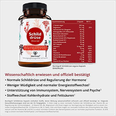 BonVigo® Schilddrüse Kapseln - Normale Schilddrüsenfunktion*, Hormone regulieren** - Pflanzen-Orthomolekular Komplex: Ashwagandha, Yams, Bärlauch, L-Tyrosin, Selen, Zink, Eisen, Vitamine A-B-D-E (1)