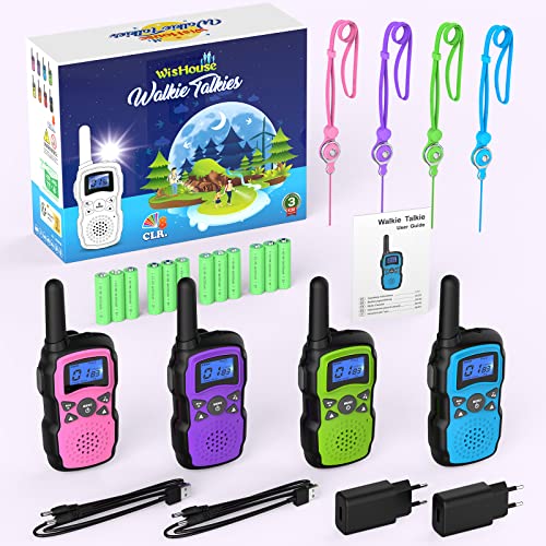 Wishouse Walkie Talkie Kinder 4er Set, Funkgeräte Erwachsene Aufladbar Akku, Outdoor Camping Polizei Kostüm Spielzeug Handy mit Taschenlampe, Geschenk Junge ab 3 4 5 6 7 8 Jahre für Mädchen