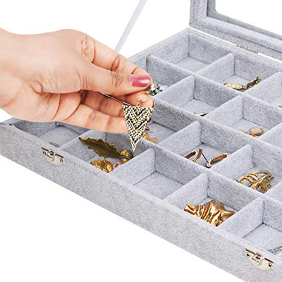 Belle Vous Jewelry Organizer Schmuckkasten Grau, Samt Box Glas Deckel & 24 Fächer – Schmuckaufbewahrung Stapelbar Schmuckschatulle Schubladen Verstellbar für Ringe, Ketten, Armband, Ohrringe, Uhren