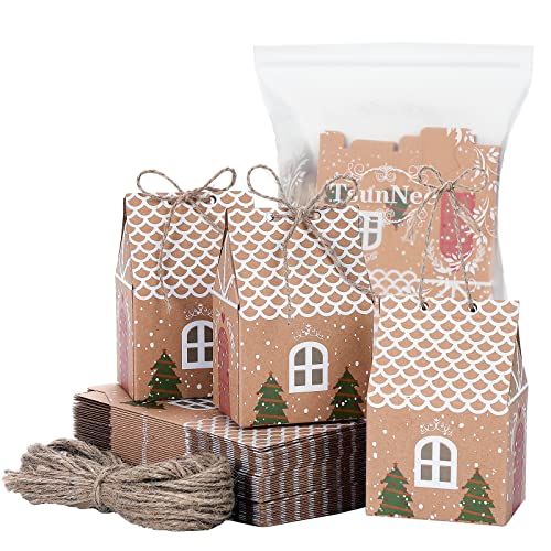 TsunNee Weihnachten Party Geschenkboxen, Weihnachten Kraftpapier Süßigkeitskästen, Weihnachten Mitbringsel Taschen, Kreativ Papier-Treat-Boxen für Weihnachten Partydekorationen, 50er Pack