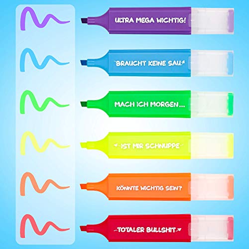 6x Lustige Textmarker - das frech bunte Marker Set zum lernen u. markieren ist die Geschenk-Idee für alle Studenten Schüler Lehrer und Büro Kollegen - die Highlighter Stifte sind das Bürozubehör