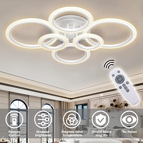 RUYI Modern LED Deckenleuchte Dimmbar mit Fernbedienung 6-Ring Deckenleuchte 72W 6400LM, Deckenlampe für Wohnzimmer, Schlafzimmer, Küche, Flur, Balkon, Esszimmer, Weiß, 2700-7000K…