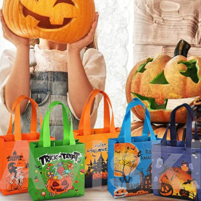 16 Stück Halloween Trick or Treat Taschen, Halloween Tragetaschen mit Griffen, Geschenktüten, multifunktionale Non-Woven Halloween Taschen zum Verpacken von Geschenken, Halloween Party Zubehör