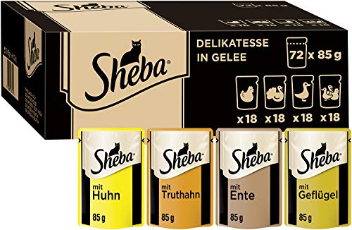 Sheba Delikatesse in Gelee – Hochwertiges Katzen Nassfutter mit feiner Geflügelauswahl – Im praktischen Portionsbeutel – 72 x 85g Alleinfuttermittel