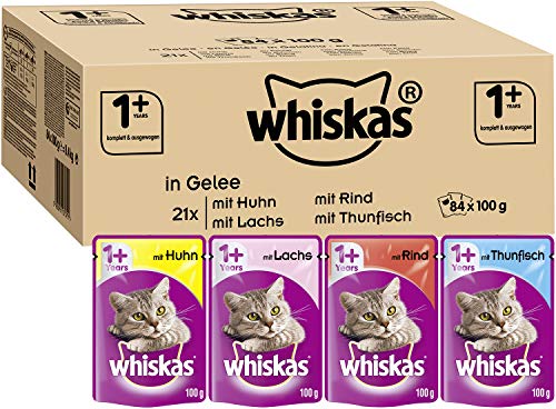 Whiskas 1 + Katzenfutter – Gemischte Auswahl in Gelee – Hochwertiges Feuchtfutter für ausgewachsene Katzen – 84 Portionsbeutel à 100g