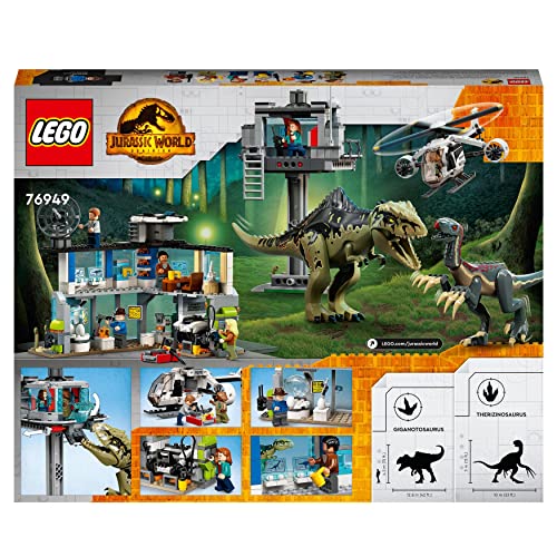 LEGO 76949 Jurassic World Giganotosaurus & Therizinosaurus Angriff, Dinosaurier Spielzeug mit Hubschrauber, Auto und 2 Dino Figuren, Geschenk zu Weihnachten