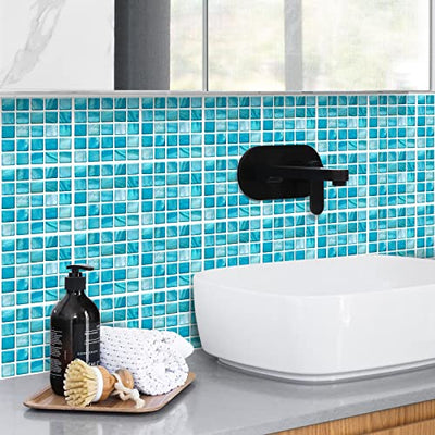 FBBULES 40PCS Fliesenaufkleber, PVC Fliesen Klebefolie Selbstklebend Hitzebeständig Wasserdicht Fliesensticker Deko für Küche Fliesendekor Wandaufkleber Mosaikstil Himmelblau (10 x 10 cm / 4 x 4 Zoll)