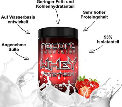 Whey Protein (Erdbeer) mit Shaker, Premium Protein-Shake mit 82% Eiweiß für Muskelaufbau und Abnehmen, Eiweißpulver Made in Germany, Recort Nutrition