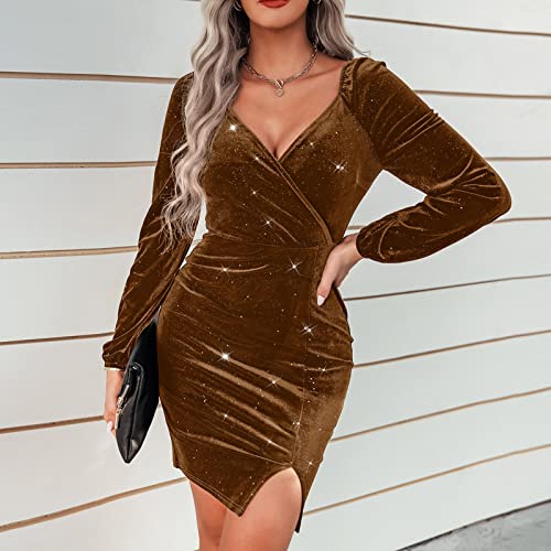 Greensen Damen Kleid Wrap Elegant V-Ausschnitt Kleid Langarm Samtkleid Split Saum Glitzer Mode Kleid Knielang Einfarbiges Kleid für Cocktail Party Club(XL-Gelbliches Braun)