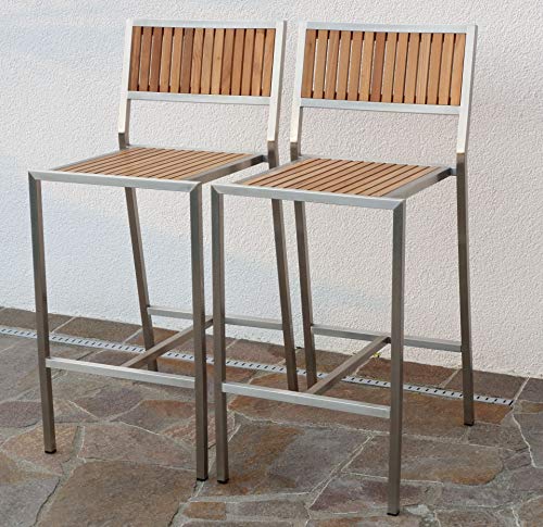 2 Stück Edelstahl Teak Barhocker Barsessel Bistrosessel Bistrohoker Massive Ausführung A-Grade Teakholz MEXIKO Gartenmöbel Modell: MEXIKO von AS-S