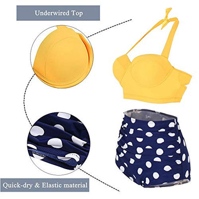 ChayChax Damen Hoher Taille Badeanzug 50er Retro Polka-Punkt Badeanzüge Bademode Zweiteiler Bikini Set Schwimmanzug, Gleb +Blau Punkt, Größe 2XL