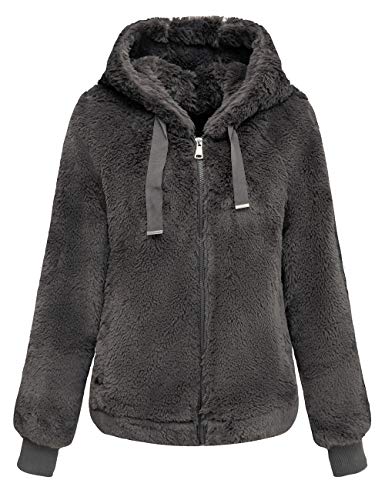 BELLIVERA Damen Kunstfelljacke Kurz Fleecejacke Winter Warme Teddy Mantel mit kapuze 1712014 Grau M