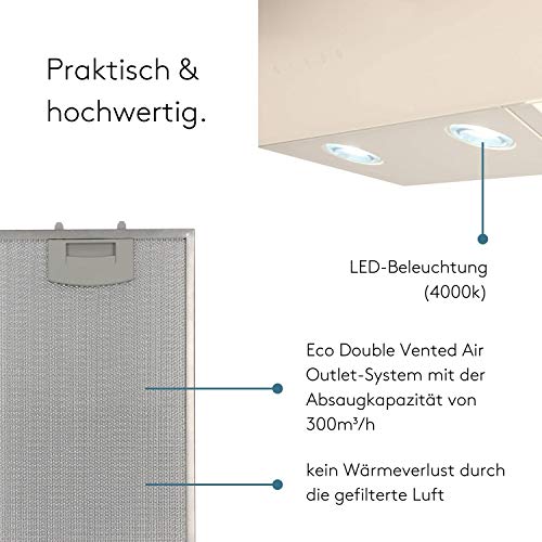 Wiggo Dunstabzugshaube 60cm kopffrei I Abluft Umluft Dunstabzug 300m³/h - LED Touch-Display 3 Stufen I Schräghaube inkl. Fettfilter & 2x Kohlefilter I Abzugshaube mit Glasfront creme