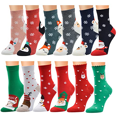 Vertvie 12 Paar Unisex Weihnachtssocken Christmas Socks Weihnachtsmotiv Weihnachten Festlicher Baumwolle Socken Mix Design für Damen und Herren (Einheitsgröße,12er Pack01)