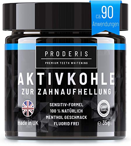 Proderis Kokosnuss Aktivkohle Pulver für weiße Zähne mit frischem Menthol Vegan Activated Charcoal Teeth Whitening Powder Zahnaufhellung Kohle