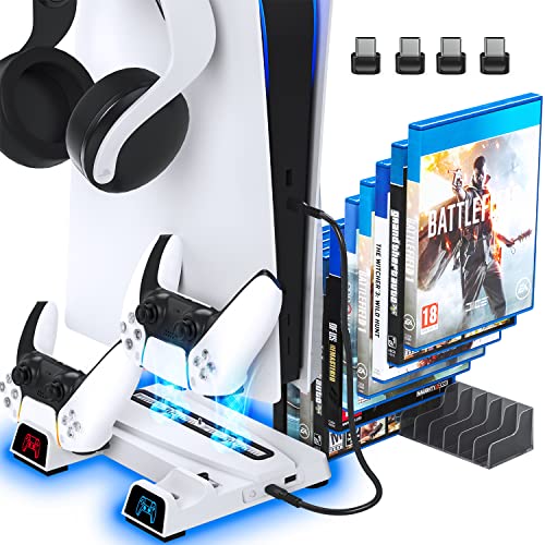 OIVO PS5 Standfuß mit Lüfter und PS5 Ladestation mit Headset Halterung im Miniformat für Playstation 5 PS5 Konsole, platzsparender PS5 Lüfter mit PS5 Controller Ladestation und 10 Spieleschlitzen