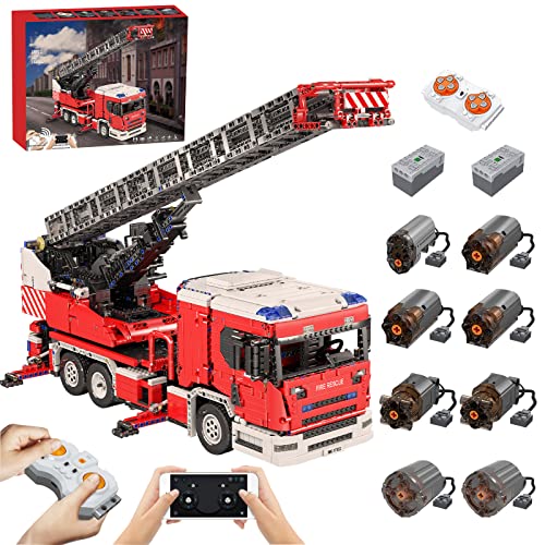 iVansa Technik Feuerwehrauto Modell, 17022, 4886 Teile 2.4G/APP Technik Feuerwehrleiter LKW Modell mit 8 Motoren und Fernbedienung Bausatz Kompatibel mit Lego