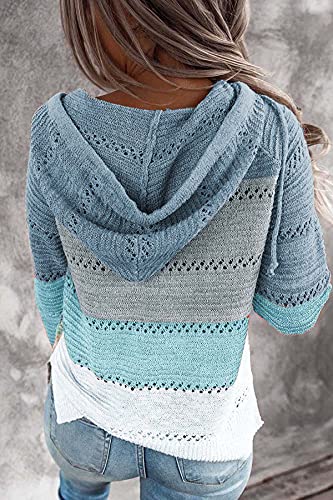 GOLDPKF Strickmantel Mit Kapuze Sportbekleidung Damen Pullover Damen Farbblock Kapuzenpullover Gestreift Hoodie Entspannt Sweatshirt mit Kapuze Lässiger Hohlpullover Blau M 40-42