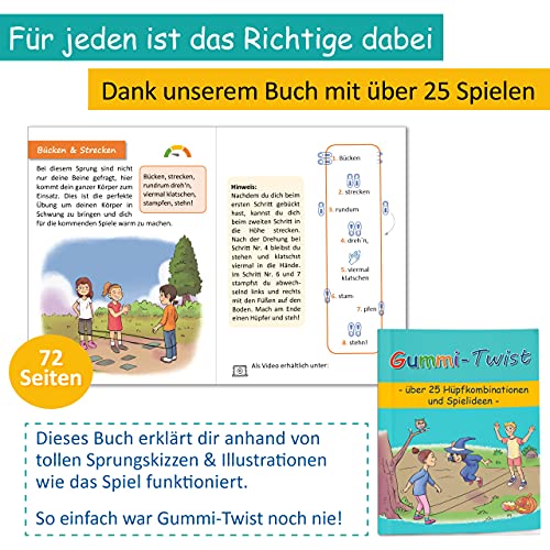 GLÜCKSWOLKE Gummitwist + Anleitung (Buch) mit 25 Spiele I Hüpfgummi für Kinder Sport I Hüpfspiele - Gummi Twist I Outdoor Gartenspiele I Spielzeug für draußen I Geschenke für Junge & Mädchen – NEU