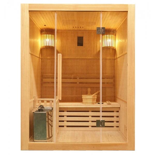 Traditionelle Finn-Sauna hergestellt aus hochwertiger Hemlocktanne | Inkl. Saunaofen und komplettem Zubehör | Dampfsauna für 3 Personen | Aufgusssauna Finnische Sauna Maße: 150x120x190 cm