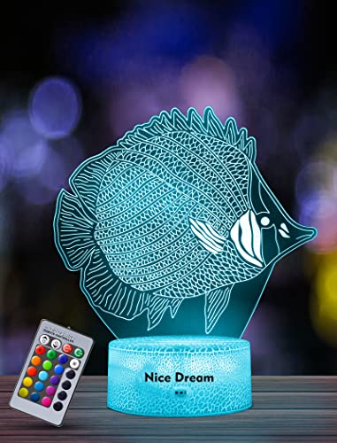 Nice Dream Teufelsfisch Nachtlicht für Kinder, 3D Illusion Lampe Kinderzimmer LED Licht, Fernbedienung 16 Farbwechsel Dimmbar, Weihnachtsgeschenke für Mädchen Junge Wohnzimmer Schlafzimmer Dekor