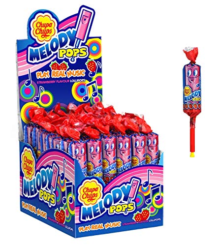 Chupa Chups Melody Pops, 48er Thekendisplay, fruchtige Erbeer-Lollis in Flötenform zum Musik spielen