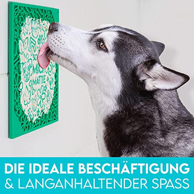 HUND IST KÖNIG® Leckmatte Hund mit patentierter Struktur + Saugnäpfe, Schleckmatte Hund 22x22cm [2 Stück] inkl. Spatel + Rezepte-Ebook, Hunde Leckmatte lebensmittelecht & spülmaschinenfest