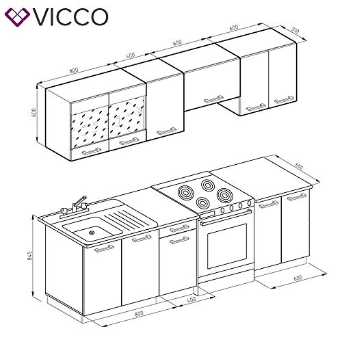 Vicco Küche Raul Küchenzeile Küchenblock Einbauküche 240 cm Anthrazit Hochglanz - Frei Kombinierbare Einheiten