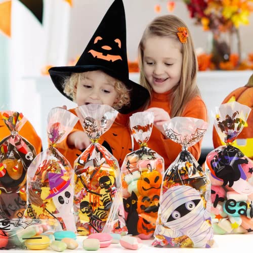 DERAYEE Cellophantüten, 120 Stücke Halloween Cellophantüten Groß, Süßigkeiten Tüten mit 150 Stücke Twist Krawatten