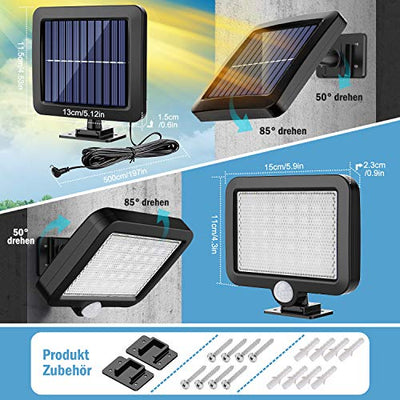 Solarlampen für Außen, MPJ 56 LED Solarleuchte Aussen mit Bewegungsmelder, IP65 Wasserdichte, 120°Beleuchtungswinkel, Solar Wandleuchte für Garten mit 5m Kabel